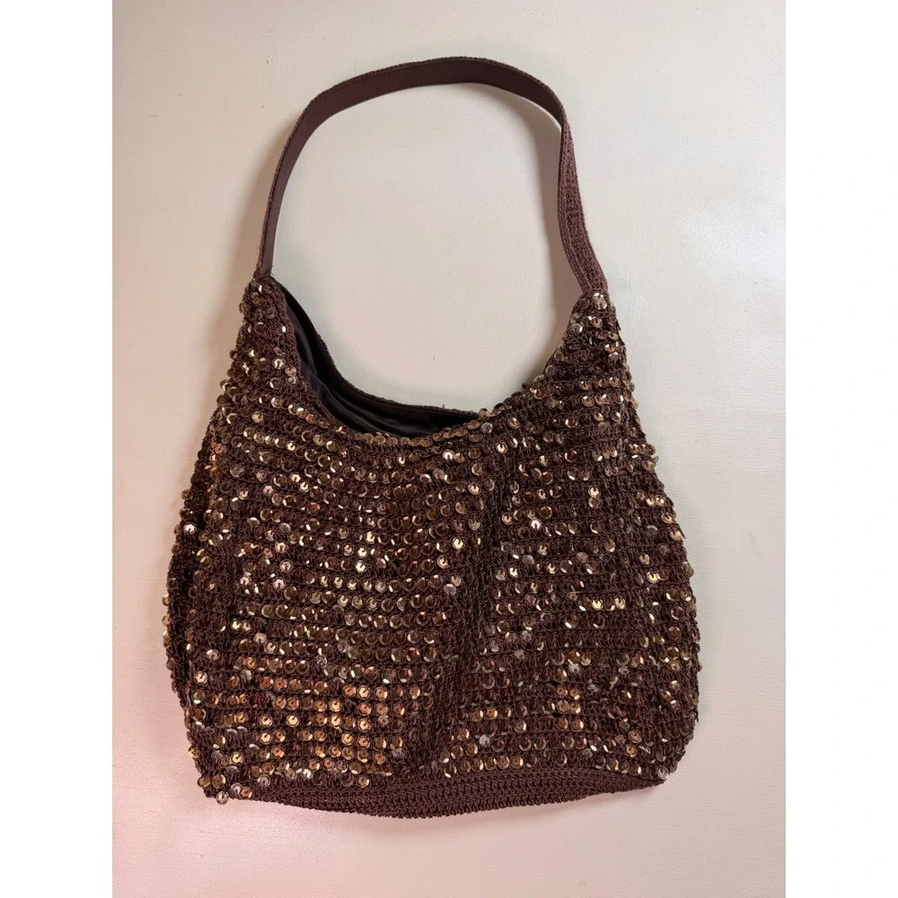Y2K Sequin Crochet Hobo Bag Women Small Brown Sparkly Knit Zipper